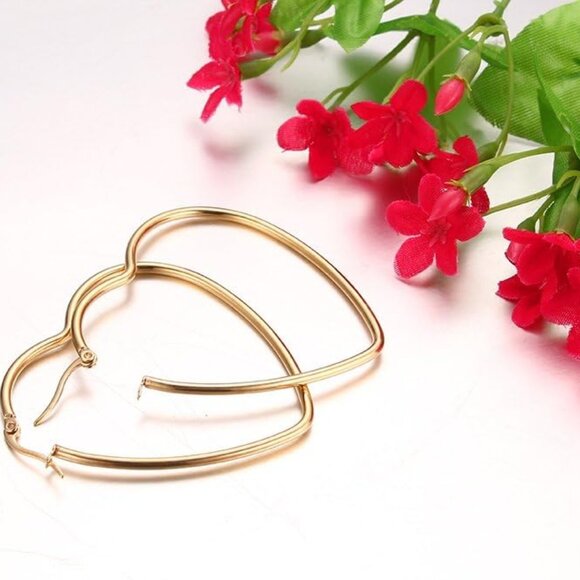 Gold Plated Heart Shape Hoop Earrings Stainless Steel Hypoallergenic Large Hoops - Picture 7 of 7
